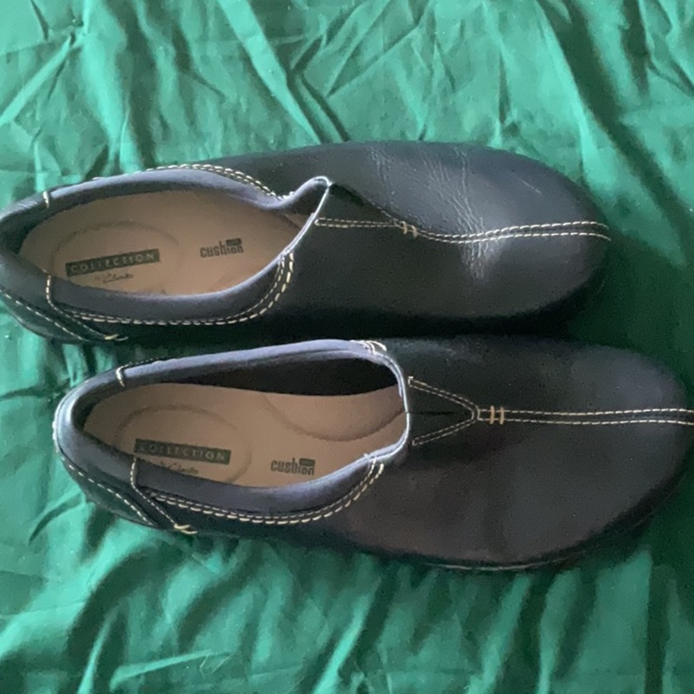 CLARKS COLLECTION Blue Leather Soft Cushion Clogs Casual Comfort Shoes Size 10